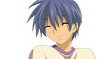  blue_hair clannad eyes_closed grin highres okazaki_tomoya short_hair simple_background smile solo 