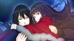  black_hair black_hairband black_pantyhose blunt_bangs brown_eyes brown_hair brown_skirt capelet carrying carrying_person empty_eyes fingernails floating floating_hair flying fur-trimmed_capelet fur_trim game_cg hairband highres kurenaino_aria kusakabe_kiryuu long_hair looking_at_viewer medium_hair nostrils occultic;nine official_art open_mouth pako_(pakosun) pantyhose pleated_skirt red_capelet science_adventure skirt smile tongue 