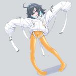  1girl ahoge barcode belt_buckle black_hair blue_eyes blue_hair bodysuit bodysuit_under_clothes buckle colored_inner_hair crotch_zipper earrings full_body grey_background hair_intakes highres id_card jewelry latex latex_bodysuit looking_at_viewer menou_74 multicolored_hair orange_bodysuit original outstretched_arms oversized_clothes pigeon-toed ringed_eyes sharp_teeth shiny_clothes skin_tight sleeves_past_fingers sleeves_past_wrists solo spread_arms standing straitjacket teeth two-tone_hair 