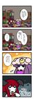  4koma black_wings blush_stickers book bookshelf chibi comic crescent dora_ita happy hat head_wings highres koakuma long_hair multiple_girls necktie patchouli_knowledge purple_hair red_hair shelf sweatdrop touhou translated wings 