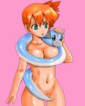  blue blue_body breasts cleavage clothed clothing convenient_censorship couple dragon dratini duo female feral green_eyes hair human mammal misty navel nintendo nude orange_hair panflam pink_background plain_background pok&#233;mon pok&eacute;mon reptile scalie snake video_games 