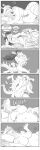 4_toes abdominal_bulge absurd_res anthro aquadragon35 aquadragon35_(character) bed beer_bottle black_hair bodily_fluids bottle breasts claws comic container dragon drooling duo ear_piercing ear_ring eating eating_food endosoma featureless_breasts feet female finger_claws food furniture gesture giraffe giraffid greyscale hair hi_res holding_food holding_object long_hair male male/female mammal monochrome mythological_creature mythological_scalie mythology non-mammal_hair oral_vore piercing question_mark ring_piercing safe_vore saliva saliva_covered scalie shrug slightly_chubby slightly_chubby_female snack speech_bubble spikes spikes_(anatomy) spots stripes swallowing swallowing_sound_effect toe_claws toes underbelly vore willing_prey