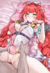  1boy 1girl absurdres bar_censor blush breasts censored commentary_request daram_(shappydude) glasses green_eyes green_hair heart heart-shaped_eyewear hetero highres large_breasts long_hair missionary mosaic_censoring parted_lips penis pussy red_hair sex sphere_hair_ornament spread_legs stomach_bulge swimsuit ukinami_yuzuha ukinami_yuzuha_(tanuki_in_broad_daylight) vaginal zenless_zone_zero 