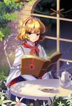  alice_margatroid blonde_hair blue_eyes capelet chair cookie flower food hairband nature outdoors puppet_strings short_hair sitting smile solo string teapot touhou yadamon_(neverland) 