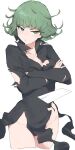 1girl absurdres black_dress blush breast_press breasts cleavage collarbone covered_navel curly_hair dress flipped_hair floating floating_object green_eyes green_hair highres letter looking_at_viewer makkurourufu naked_dress no_panties one-punch_man pear-shaped_figure pelvic_curtain side_slit simple_background sketch small_breasts solo tatsumaki torn_clothes torn_dress white_background 