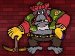 2025 4:3 5_fingers 5_toes anthro armor arms_bent barefoot belt belt_buckle bottomwear brick_wall brown_bottomwear brown_clothing brown_pants buckle captainquack64 chipped_tooth clothed clothed_anthro clothed_male clothing crop_top digital_drawing_(artwork) digital_media_(artwork) donkey_kong_(series) donkey_kong_bananza english_description feet fingers flat_colors full-length_portrait fully_clothed fully_clothed_anthro fully_clothed_male fur furrowed_brow gloves green_clothing green_shirt green_topwear grey_body grey_skin grumpy_kong hair hand_on_hip hand_on_own_hip handwear hard_hat headgear headlight helmet hi_res kong looking_at_viewer male mammal multicolored_body nintendo open_clothing open_shirt open_topwear orange_eyes pants pickaxe portrait primate red_body red_fur red_hair shirt short_hair solo striped_belt stubble tan_teeth teeth toes topwear torn_crop_top two_tone_body wall_(structure) white_clothing white_crop_top white_topwear yellow_belt yellow_clothing yellow_gloves yellow_handwear