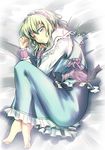  alice_margatroid bad_id bad_pixiv_id barefoot bed_sheet blonde_hair blue_eyes capelet dress face feet fetal_position hairband lying on_side one_eye_closed sash short_hair solo tatami_(loop) touhou wrist_cuffs 
