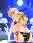  ahoge ass bad_id bad_pixiv_id barefoot beach bikini blonde_hair blush breasts cloud da_(pixiv) day face food_print hands hoshii_miki idolmaster idolmaster_(classic) large_breasts lens_flare long_hair looking_at_viewer looking_back open_mouth outdoors palm_tree pigeon-toed sand side-tie_bikini sideboob sitting sky smile solo sun swimsuit tree underboob v watermelon_print 