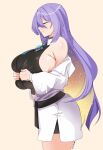  1girl absurdres armpit_crease ass belt black_belt black_shirt black_shorts blonde_hair blush breasts choker closed_eyes closed_mouth collarbone colored_inner_hair commentary crop_top english_commentary from_side grabbing_own_breast gradient_hair highres hololive hololive_indonesia huge_breasts jacket long_hair moona_hoshinova moona_hoshinova_(1st_costume) multicolored_hair myumi purple_hair shiny_skin shirt shorts simple_background sleeveless sleeveless_shirt solo starry_hair thighs turtleneck turtleneck_shirt twitter_username two-tone_hair very_long_hair virtual_youtuber white_jacket yellow_background 