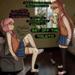  2girls blue_hair breaking_bad brown_hair doki_doki_literature_club doki_doki_literature_club_school_uniform english_text highres indoors madelaine_chan monika_(doki_doki_literature_club) multiple_girls natsuki_(doki_doki_literature_club) on_toilet orange_vest pink_hair school_uniform shirt sitting sweatdrop thighhighs toilet vest white_shirt white_thighhighs window 