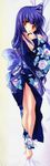  1girl absurdres barefoot breasts carnelian cleavage dakimakura highres japanese_clothes kao_no_nai_tsuki kimono kuraki_mizuna long_hair lying orange_eyes purple_hair scan solo yukata 