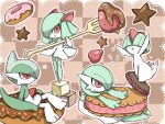  bob_cut bowl_cut chocolate-covered_food chocolate_strawberry colored_skin cookie donut food fork fruit gallade gardevoir green_hair green_skin hair_over_eyes hair_over_one_eye holding holding_fork horns kirlia muku_jirushi multicolored_skin pink_eyes pokemon pokemon_(creature) ralts sidelocks star-shaped_chocolate strawberry two-tone_skin white_skin 