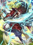  1boy armor armored_boots boots brown_eyes brown_hair cloud copyright_name dragon electricity fire_emblem fire_emblem_cipher fire_emblem_if gloves grass japanese_armor kuroba.k long_hair male_focus mountain nintendo official_art open_mouth ryouma_(fire_emblem_if) sky solo sword teeth weapon 