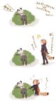  2girls :t =3 animal_ears bean_bag_chair black_hair blush comic commentary_request elbow_gloves fur_collar giant_panda_(kemono_friends) gloves highres kemono_friends kneeling lesser_panda_(kemono_friends) long_sleeves moeki_(moeki0329) multicolored_hair multiple_girls neckerchief orange_hair panda_ears panda_tail pantyhose pleated_skirt sailor_collar short_hair short_sleeves shorts skirt sleeping sweater translation_request white_hair 