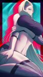  1girl absurdres blonde_hair blue_eyes breasts crop_top elbow_sleeve fishnet_sleeves fishnets hair_over_mouth hand_on_own_thigh highres large_breasts long_hair looking_at_viewer naruto_(series) naruto_shippuuden navel solo stomach tettora thighs very_long_hair yamanaka_ino 