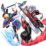  2boys arc_system_works blazblue blazblue:_calamity_trigger blonde_hair fight fighting fire highres ice jin_kisaragi kisaragi_jin multiple_boys ragna_the_bloodedge silver_hair simple_background sword weapon 