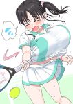  >_< 1girl aqua_collar arrow_(symbol) ball black_hair blush bouncing_breasts breasts choppy_bangs closed_eyes collared_shirt commentary_request feet_out_of_frame furrowed_brow hair_ornament hair_scrunchie highres holding_tennis_racket inconvenient_breasts midriff_peek miniskirt nagachichi_chika_idol-chan_(yue_(show-ei)) navel open_mouth original pleated_skirt scrunchie shirt shirt_overhang skirt solo speech_bubble spoken_sweatdrop sportswear sweat sweatdrop tearing_up tennis tennis_ball tennis_uniform twintails white_shirt white_skirt wristband yue_(show-ei) 