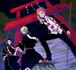  ao_no_exorcist bad_id bad_pixiv_id beads black_hair blonde_hair brothers highres male_focus multiple_boys necktie ono_(0_no) pink_hair prayer_beads shakujou shima_juuzou shima_kinzou shima_renzou siblings staff torii 