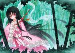  1girl bamboo bamboo_forest bangs black_hair blunt_bangs bow branch dress forest frilled_sleeves frills hime_cut holding houraisan_kaguya japanese_clothes jeweled_branch_of_hourai long_hair long_skirt long_sleeves looking_at_viewer nature outdoors pink_dress pink_eyes pink_shirt qqqrinkappp shirt skirt sleeves_past_wrists smile solo touhou veil very_long_hair white_bow white_neckwear wide_sleeves 