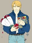  apple bad_id bad_pixiv_id blonde_hair blue_jacket bomber_jacket bouquet character_doll closed_eyes denim flat_color flower food fruit holding holding_food holding_fruit jacket jeans keith_goodman magazine male_focus neshichi pants photo_(object) sky_high smile solo tiger_&amp;_bunny 