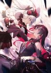  2girls arcaea atom_earrings bare_shoulders black_dress black_hair black_hairband black_nails black_ribbon bow bowtie bracelet breasts capelet clothing_cutout collared_dress colored_inner_hair commentary debris dress earclip eye_contact fingernails floating_hair flower from_side fur-trimmed_capelet fur_trim grabbing_another&#039;s_hand hair_flower hair_ornament hair_ribbon hairband highres holding holding_another&#039;s_arm holding_sword holding_weapon jewelry lace-trimmed_skirt lace_hairband lace_trim long_fingernails long_hair long_sleeves looking_at_another mir_(arcaea) multicolored_hair multiple_girls nail_polish open_mouth parted_lips profile red_bow red_bowtie red_eyes red_flower red_hair red_ribbon red_rose red_skirt ribbon rose shirabe_(arcaea) shoulder_cutout shouting skirt striped_bow striped_bowtie striped_clothes suzunashi sword twintails two-tone_hair weapon 