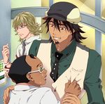  bad_id bad_pixiv_id barnaby_brooks_jr blonde_hair brown_eyes brown_hair cabbie_hat facial_hair fat fat_man glasses green_eyes hat jacket kaburagi_t_kotetsu labcoat male_focus mizuno_poppo multiple_boys necktie nervous red_jacket saitou_(tiger_&amp;_bunny) stubble sweatdrop tears tiger_&amp;_bunny vest waistcoat 