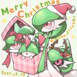  antlers bad_id bad_pixiv_id bow colored_skin dated dress evolutionary_line fake_antlers gallade gardevoir gift green_skin hat highres horns iron_valiant kirlia merry_christmas muku_jirushi multicolored_skin pink_eyes pokemon pokemon_(creature) ralts red_bow reindeer_antlers robot santa_hat star_(symbol) two-tone_skin white_dress white_skin 