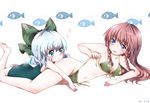  :p bad_id bad_pixiv_id barefoot bikini blue_eyes blue_swimsuit blush bow braid breasts child cirno cleavage fish front-tie_top green_bikini green_eyes hair_bow heart hong_meiling kuromame_(8gou) leg_up long_hair lying medium_breasts multiple_girls navel on_side on_stomach red_hair school_swimsuit short_hair side-tie_bikini sideboob smile swimsuit tongue tongue_out touhou twin_braids untied 
