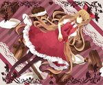  alice_(wonderland) alice_in_wonderland bad_id bad_pixiv_id bow brown_hair cake chocolate chocolate_cake dress dutch_angle food food_themed_background hair_bow long_hair mary_janes neck_ribbon pantyhose red_eyes ribbon shoes solo tapa very_long_hair 