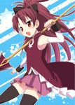  aro bad_id bad_pixiv_id bare_shoulders black_legwear blush bow fang hair_bow long_hair magical_girl mahou_shoujo_madoka_magica polearm ponytail red_eyes red_hair sakura_kyouko solo spear thighhighs weapon zettai_ryouiki 