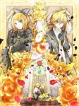  1girl aku_no_musume_(vocaloid) blonde_hair blue_eyes bow brother_and_sister dress evillious_nendaiki flower hair_bow hair_flower hair_ornament hair_ribbon hairclip haru_aki kagamine_len kagamine_rin pocket_watch ribbon riliane_lucifen_d'autriche rose siblings smile twins vocaloid watch yellow_flower yellow_rose 