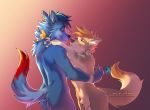  2019 anthro blue_fur blue_hair canid canine canis digital_media_(artwork) domestic_dog duo fur hair lukiri male mammal smile standing wolf 