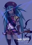  .hack//quantum 1girl aqua_eyes aqua_hair belt black_legwear blade dual_wielding facial_mark gloves glowing glowing_eyes hat holding long_hair mazarine midriff sakuya_(.hack//) shorts solo staring stitches strap thighhighs very_long_hair weapon 