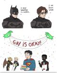  batman batman_(series) black_hair blue_bodysuit blue_eyes bodysuit bruce_wayne cape dc_comics genuinepresale highres male_focus meme multiple_boys muscular muscular_male rainbow_flag red_cape short_hair superhero_costume superman superman_(2025) superman_(series) 