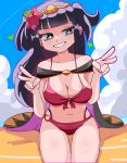  1girl absurdres bare_shoulders beach bikini black_hair blue_sky blunt_bangs breasts cape cleavage cloud collarbone double_v fire_emblem fire_emblem_awakening fire_emblem_heroes flower hair_flower hair_ornament heart highres hoshinokotta jewelry large_breasts long_hair looking_at_viewer navel ocean official_alternate_costume open_mouth outdoors red_bikini red_flower sky smile solo swimsuit teeth tharja_(fire_emblem) tharja_(summer)_(fire_emblem) tiara v water 