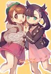  2girls :d backpack bag brown_bag brown_eyes brown_hair cable_knit cardigan choker closed_mouth commentary dated dress earrings gloria_(pokemon) green_eyes green_hat grey_cardigan hat highres holding_hands jacket jewelry long_sleeves marnie_(pokemon) multiple_girls nail_polish open_clothes open_jacket open_mouth outline pink_dress pokemon pokemon_swsh saridinism signature smile symbol-only_commentary tam_o&#039;_shanter yellow_background 