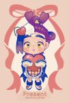  1boy :d alternate_costume apron blush chibi chibi_only commentary food food_on_face happy heart highres holding holding_heart kieran_(pokemon) looking_at_viewer male_focus mofumofuyarou open_mouth oven_mitts plaid_apron plaid_clothes pokemon pokemon_sv purple_hair shoes smile socks solo standing symbol-only_commentary twitter_username yellow_eyes 