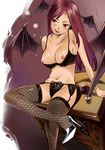  &gt;:) :q arm_support bare_shoulders bat_wings black_bra black_panties bra breasts crossed_legs cup demon_wings drawer drinking_glass fishnet_legwear fishnets from_above garter_belt ginjuuji head_tilt head_wings high_heels highres koakuma large_breasts leaning_back legs licking_lips lingerie long_hair naughty_face navel nipples panties red_eyes red_hair shoes side-tie_panties simple_background sitting smile solo thighhighs thighs tongue tongue_out touhou underwear underwear_only v-shaped_eyebrows wine_glass wings 