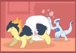 ambiguous_gender animate_inanimate anthro apprehensive blue_body blue_ears blue_fur blush blush_lines border bubblepuppers clean_diaper clothed clothing cute_fangs diaper diaper_only diaper_puff dotted_background duo ears_back fangs feral fire fur generation_2_pokemon glistening glistening_body hand_on_diaper hi_res legendary_pokemon living_plushie looking_at_another looking_back looking_back_at_another lugia magic mercury_quicksilver multicolored_body multicolored_fur nintendo one_eye_obstructed pattern_background patting_butt patting_diaper pivoted_ears plushie pokemon pokemon_(species) red_border simple_background story story_in_description teeth topless touching_diaper two_tone_body two_tone_fur typhlosion typhoon_blaze wearing_diaper white_body white_diaper yellow_body yellow_fur