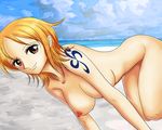  asymmetrical_breasts beach breasts brown_eyes naked nami nami_(one_piece) nipples nude one_piece orange_hair smile tansoku102cm tattoo undressing 