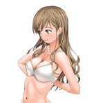  a1 absurdres adjusting_bra adjusting_clothes bangs between_breasts blue_eyes blush bra breasts brown_hair cleavage collarbone face highres jewelry large_breasts lingerie long_hair maria-sama_ga_miteru navel necklace simple_background solo toudou_shimako underwear undressing upper_body 