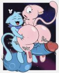 absurd_res anthro balls big_balls big_butt big_penis blue_body blush bodily_fluids butt butt_grab duo ear_piercing english_text erection eyes_closed female generation_1_pokemon genital_fluids genitals hand_on_butt hi_res huge_balls huge_butt huge_penis hyper hyper_balls hyper_genitalia hyper_penis legendary_pokemon looking_at_genitalia looking_at_penis looking_back luanctoons male male/female mew_(pokemon) nintendo nude onomatopoeia open_mouth penis penis_awe piercing pink_body pokemon pokemon_(species) precum scarf shiny_pokemon sound_effects text thick_thighs wide_hips