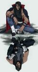  1boy 6blackfilin9 akatsuki_uniform arm_guards black_pants black_shirt closed_mouth different_reflection elbow_gloves fingerless_gloves flak_jacket forehead_protector full_body gloves green_eyes grey_background highres holding jacket kakuzu_(naruto) male_focus naruto_(series) naruto_shippuuden ninja pants reflection shirt simple_background solo tattoo water 