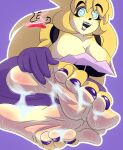  5_toes anthro barefoot bear blue_eyes bodily_fluids breasts brown_body brown_fur brown_hair colored_nails cum cum_on_feet eyeshadow fan_character feet female five_nights_at_freddy&#039;s foot_fetish foot_focus freckles fredbear_(fnaf) fredbear_(lesangd_tw) fur genital_fluids hair hi_res humanoid_feet lesangd_tw lipstick makeup mammal nails plantigrade purple_eyeshadow purple_lipstick purple_nails scottgames soles solo sweat sweaty_feet toes 
