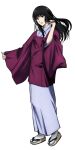  1girl anime_coloring black_hair blue_eyes closed_mouth full_body hand_in_own_hair head_tilt japanese_clothes kimono lips long_hair long_sleeves looking_at_viewer nishii_terumi official_art purple_kimono rurouni_kenshin sandals simple_background smile solo standing takani_megumi transparent_background wide_sleeves zouri 