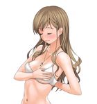  a1 absurdres adjusting_bra adjusting_clothes bangs blush bra breasts brown_hair cleavage closed_eyes collarbone cross face hands highres jewelry lingerie long_hair maria-sama_ga_miteru medium_breasts navel necklace simple_background solo toudou_shimako underwear undressing upper_body 