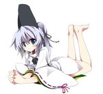  barefoot blue_eyes blush_stickers bottomless full_body hands_clasped hat japanese_clothes kariginu legs_up lowres lying mononobe_no_futo no_pants on_stomach own_hands_together ponytail silver_hair simple_background smile solo tate_eboshi tomatomato_(tomato_kanzume) touhou 