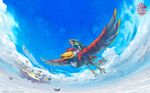  2011 artist_request bird cloud day floating_island flying harness highres horizon link loftwing male_focus official_art riding shield sky solo sword the_legend_of_zelda the_legend_of_zelda:_skyward_sword wallpaper watermark weapon web_address 