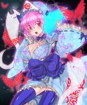  :3 adapted_costume bad_id bad_pixiv_id blue_legwear breasts bug butterfly cleavage fan folding_fan ghost hat highres hitodama insect japanese_clothes kimono large_breasts open_mouth pink_hair red_eyes saigyouji_yuyuko short_kimono smile solo thighhighs touhou triangular_headpiece yuki_(dlill) 