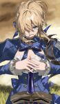  1girl absurdres artoria_pendragon_(fate) blonde_hair blue_bow blue_bowtie bow bowtie breasts cleavage closed_mouth commentary_request fate/stay_night fate_(series) grass green_eyes hair_over_one_eye highres holding holding_sword holding_weapon honkai:_star_rail honkai_(series) long_sleeves looking_at_viewer medium_breasts nekoshima_kaede saber_(fate) short_hair solo sword weapon 
